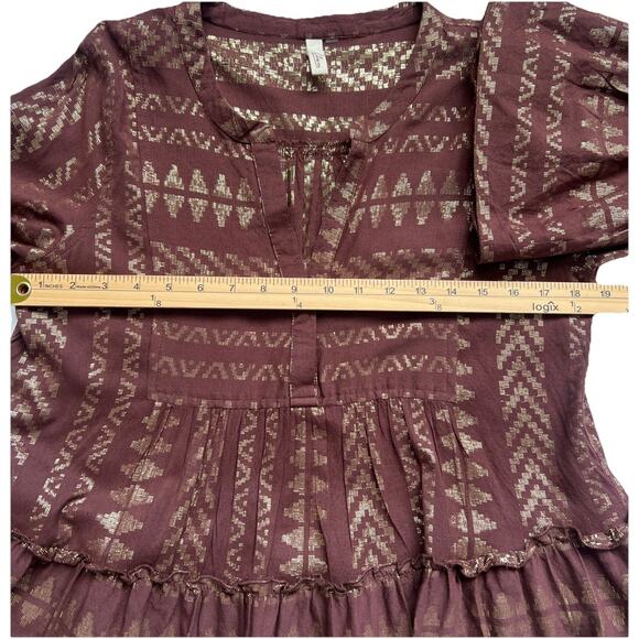 Elan Tiered Dress Womens Medium Brown Gold Babydoll Bell Sleeves Pull Over Boho - Picture 5 of 9